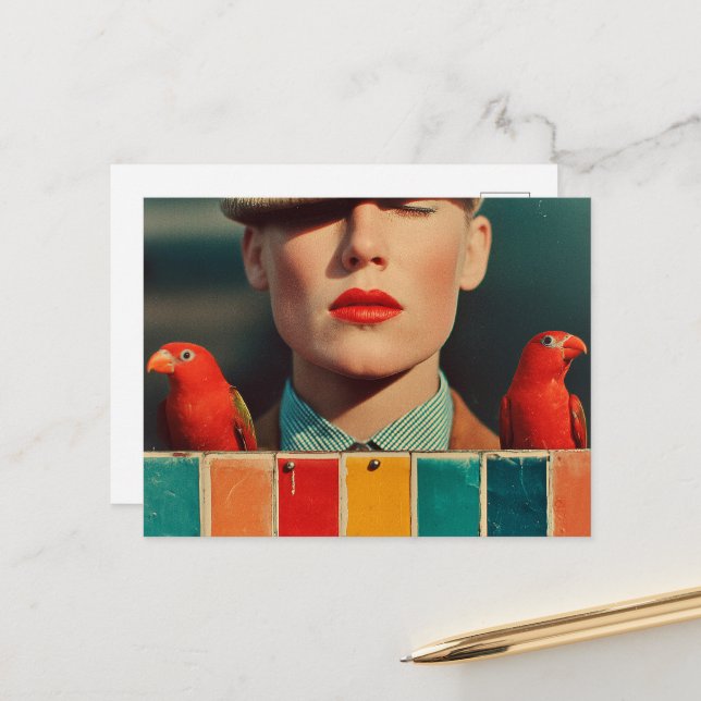 Carte Postale Lèvres rouges et perroquets rouges (Devant/Arrière en situation)