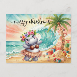Carte Postale L'hippopotame célèbre Noël à la plage