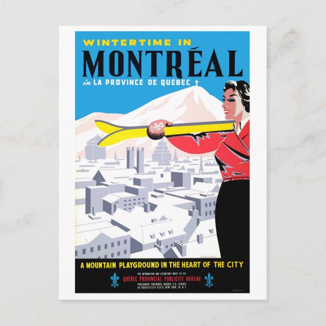 Carte Postale L'hiver à Montréal, femme avec équipement de ski (Devant)