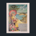 Carte Postale l'Hiver à Nice Poster vintage 1892<br><div class="desc">Affiche de voyage vintage représentant une femme en robe jaune assise sur un balcon surplombant un paysage côtier, tenant un parasol rouge et blanc. Le texte en haut annonce les vacances d'hiver à Nice, tandis qu'un calendrier en bas fournit des informations de voyage de différentes villes. Publié en 1892 en...</div>