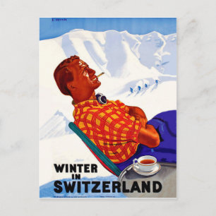Carte Postale L'hiver en Suisse, l'homme profite au soleil
