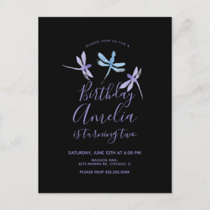 Carte Postale Libellule Aquarelle Fête d'anniversaire Violet Noi