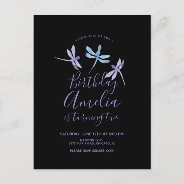 Carte Postale Libellule Aquarelle Fête d'anniversaire Violet Noi (Devant)