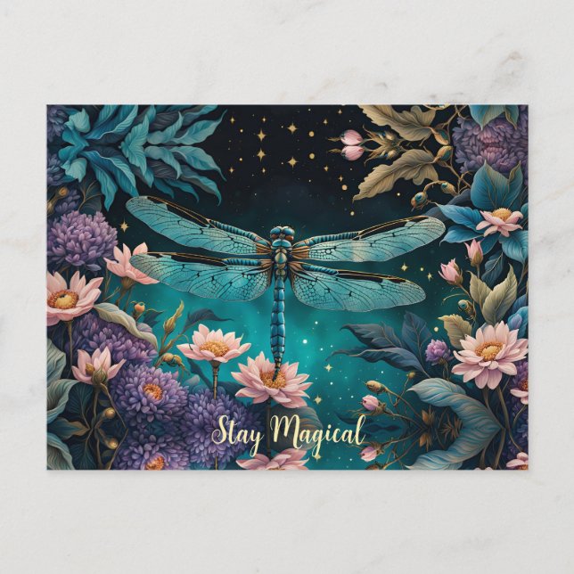 Carte Postale Libellule dans un jardin fleuri la nuit (Devant)