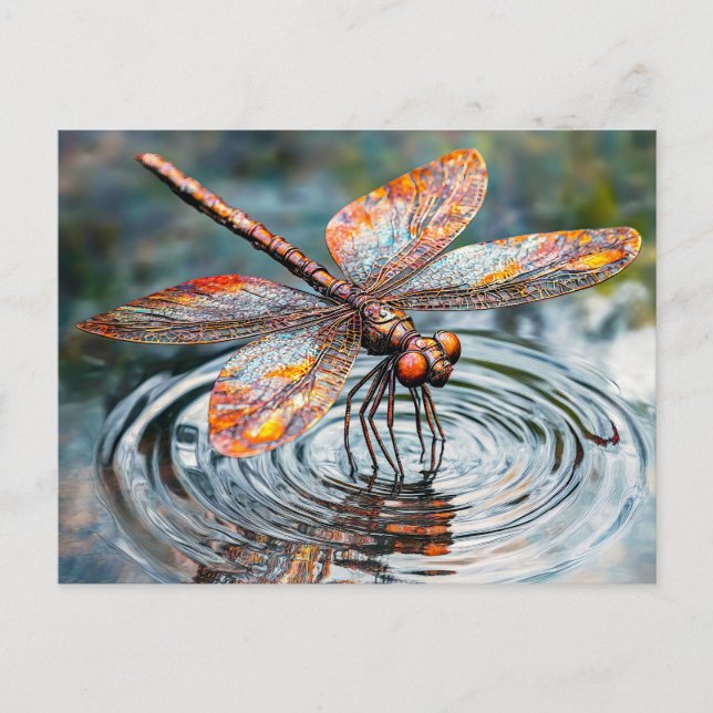 Carte Postale Libellule en métal sur l'eau (Devant)