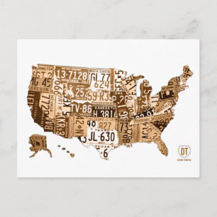 Carte Postale License Plate Map of the USA Sepia Postcard