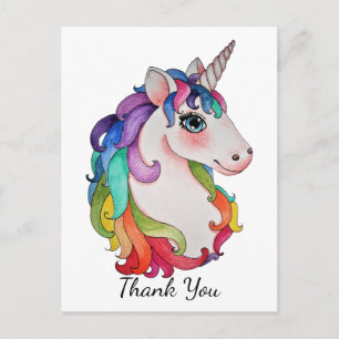 Carte Postale Licorne à l'aquarelle avec cheveux arc-en-ciel