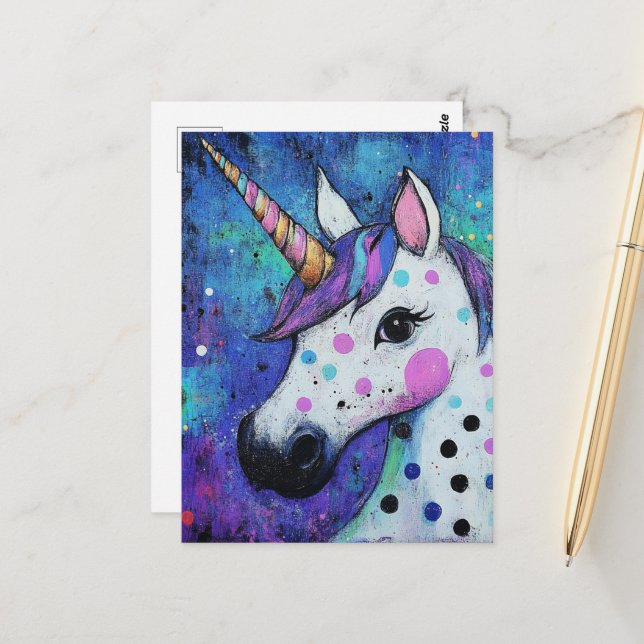 Carte Postale Licorne adorable à pois (Devant/Arrière en situation)
