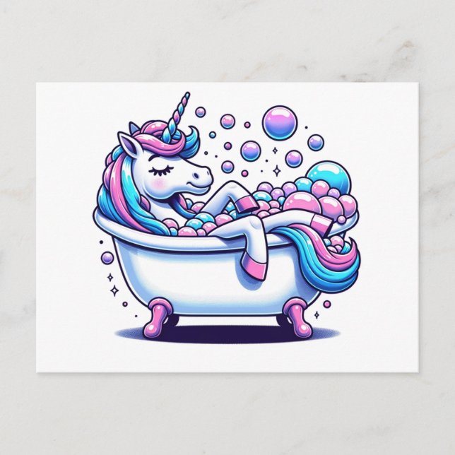 Carte Postale Licorne adorable dans une baignoire (Devant)