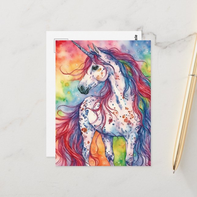Carte Postale Licorne aquarelle adorable (Devant/Arrière en situation)