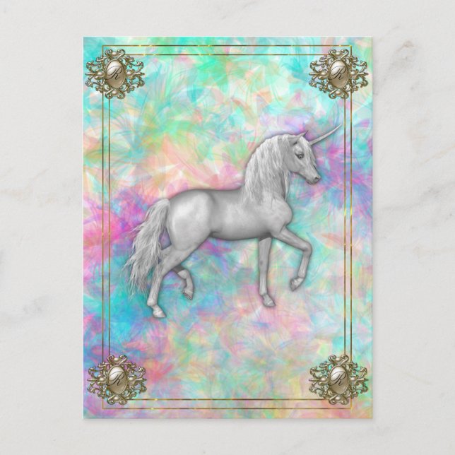 Carte Postale Licorne Arc-en-Ciel Élégante avec Monogramme (Devant)