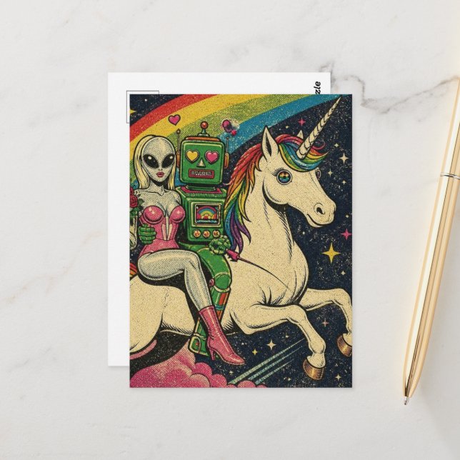 Carte Postale Licorne avec un alien et un robot amoureux (Devant/Arrière en situation)
