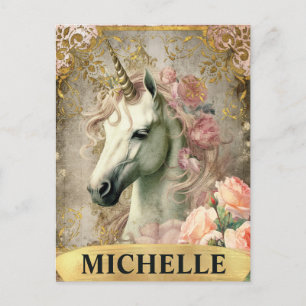Carte Postale Licorne blanche vintage aquarelle et roses roses