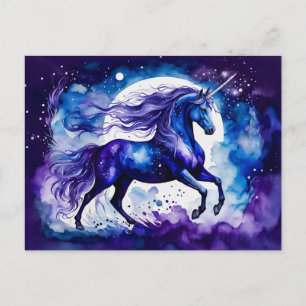 Carte Postale Licorne bleue majestueuse aquarelle boho sous les