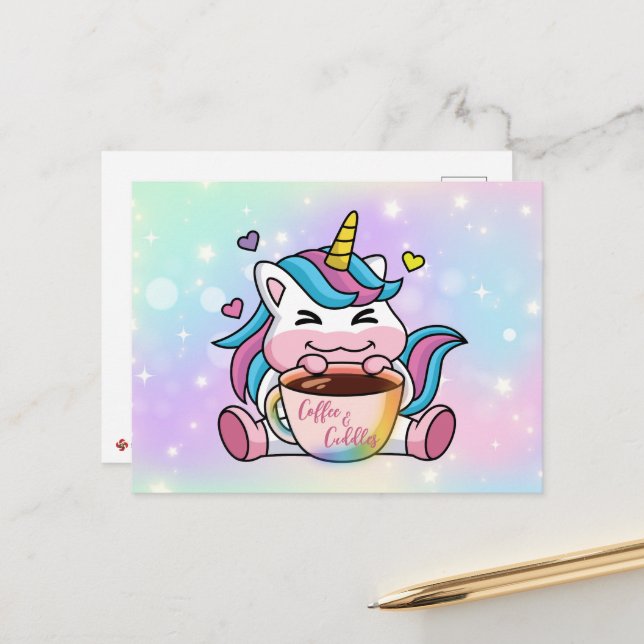 Carte Postale Licorne Café et Câlins (Devant/Arrière en situation)