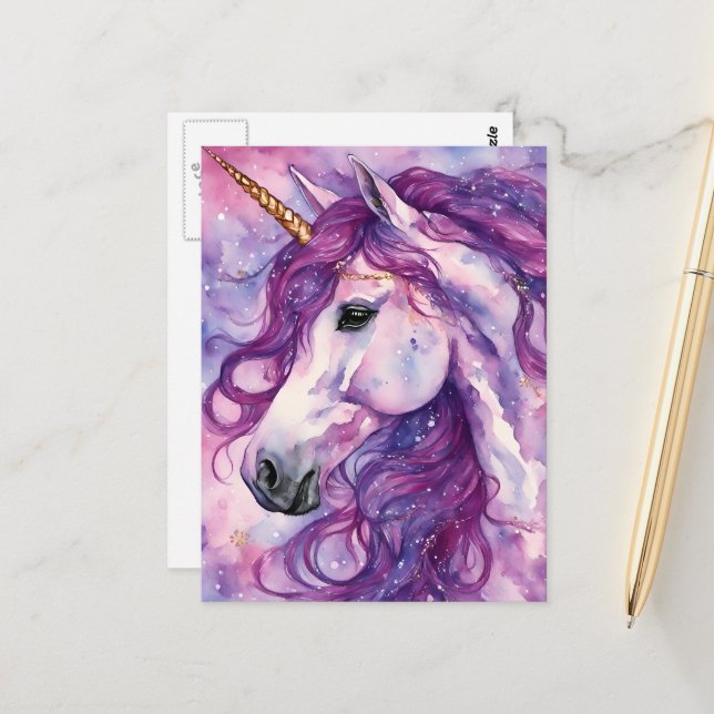 Carte Postale Licorne Crinière Violette (Devant/Arrière en situation)