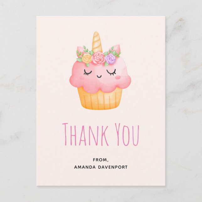 Carte Postale Licorne Cupcake Rose Rose Merci (Devant)