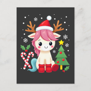 Carte Postale Licorne de Noël Mignonne Magique Xmas Petite Fille