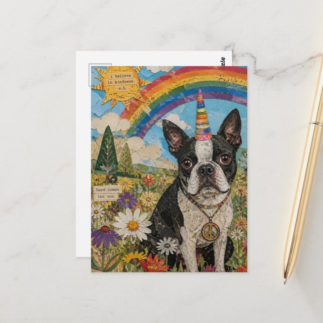 Carte Postale Licorne de paix Boston Terrier (Devant/Arrière en situation)