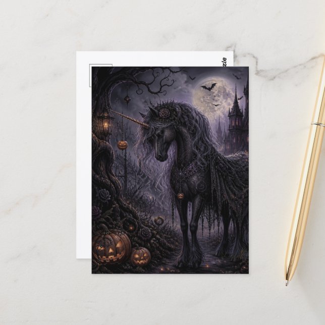 Carte Postale Licorne d'Halloween (Devant/Arrière en situation)