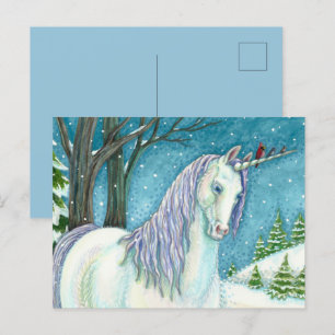 CARTE POSTALE LICORNE D'HIVER ET OISEAUX, CHEVAL DE NEIGE PAISIB