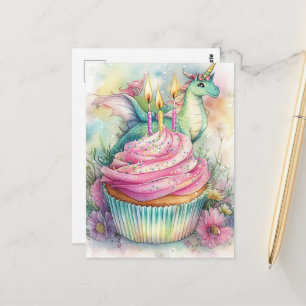 Carte Postale Licorne Dragon avec Cupcake et Fleurs