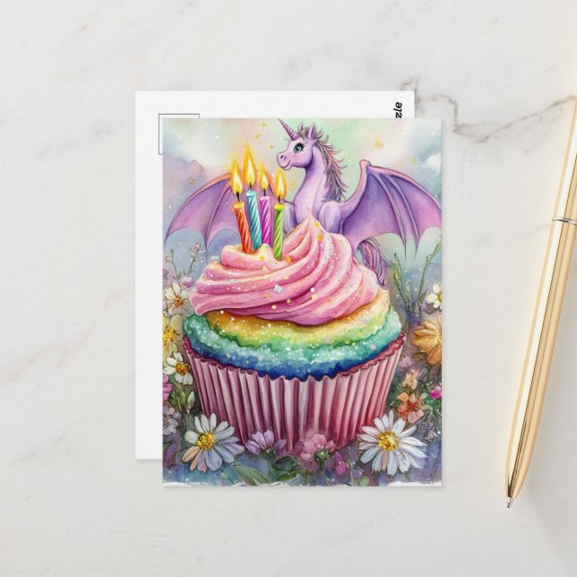 Carte Postale Licorne Dragon avec Cupcake et Fleurs (Devant/Arrière en situation)