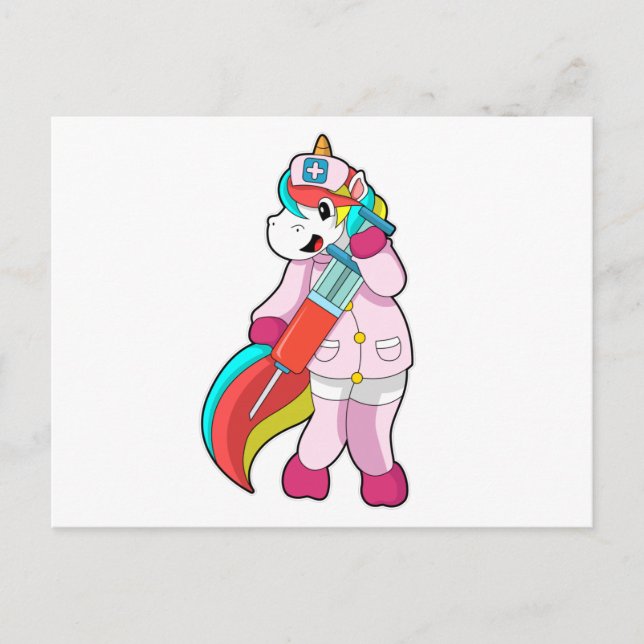 Carte Postale Licorne en infirmière à la vaccination et seringue (Devant)