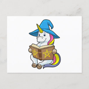 Carte Postale Licorne en sorcier avec livre et chapeau