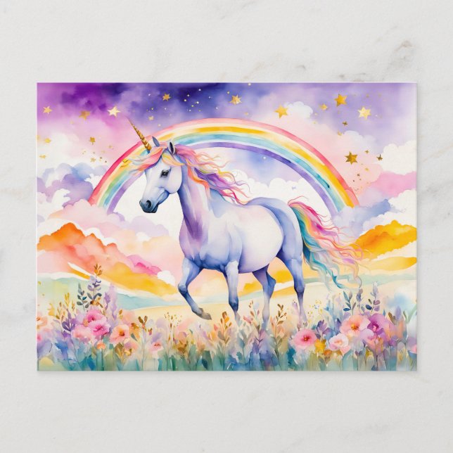 Carte Postale Licorne Enchantée Sous un Ciel d'Arc-en-Ciel Lumin (Devant)