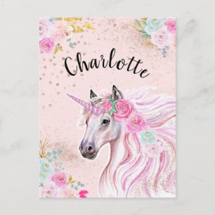 Carte Postale Licorne Glam Rose Turquoise Floral Pailleté Or Nom