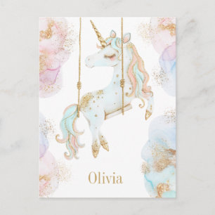 Carte Postale Licorne Magique Rose & Or Nom de Fille