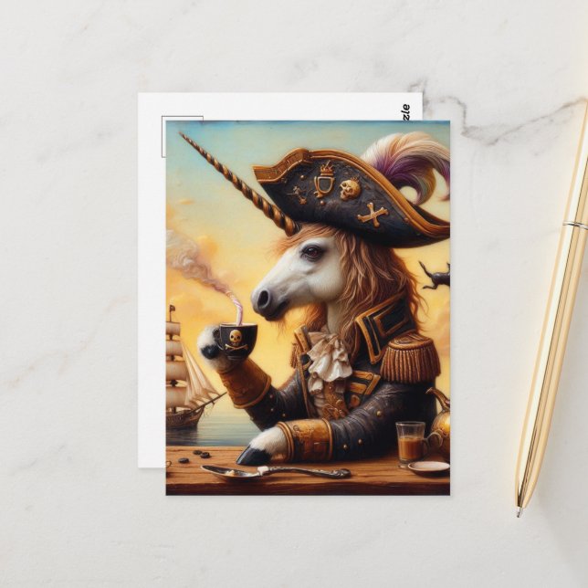 Carte Postale licorne pirate art à l'encaustique avec un café (Devant/Arrière en situation)
