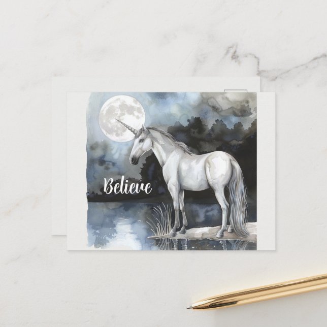 Carte Postale Licorne Pleine Lune Croire (Devant/Arrière en situation)