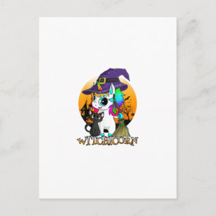 Carte Postale Licorne Sorcière Halloween Chat Noir Orang