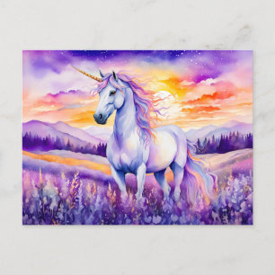 Carte Postale Licorne sous un ciel arc-en-ciel de coucher de sol