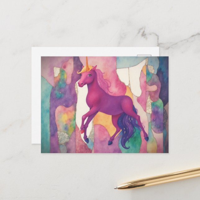 Carte Postale Licorne Violette Mignonne (Devant/Arrière en situation)