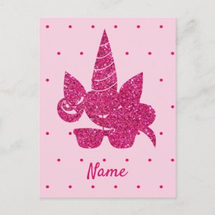 Carte Postale Licorne Visage Rose Pailleté Fille Enfants