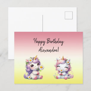Carte Postale Licornes et pâquerettes, "Joyeux Anniversaire"