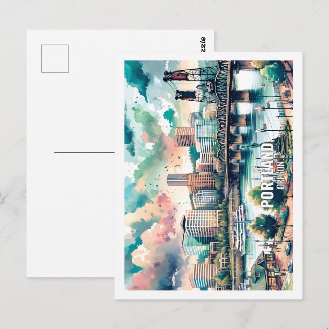 Carte Postale Lieu célèbre de Portland Oregon États-Unis aquarel (Devant / Derrière)