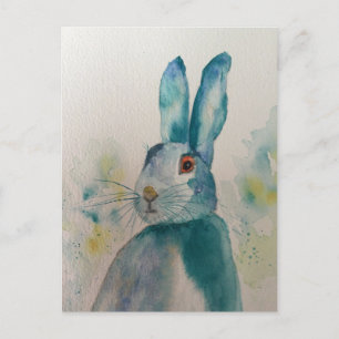 Carte Postale Lièvre Lapin Aquarelle Bleue