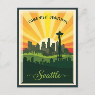 Carte Postale Ligne d'horizon Retro Seattle avec aiguille spatia