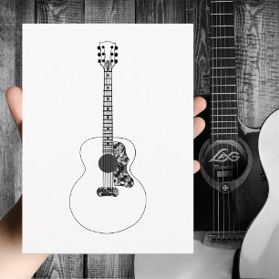 Carte Postale Ligne monochrome dessin Guitare acoustique Musique