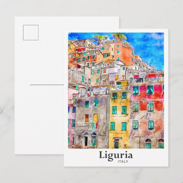 Carte Postale Ligurie Italie Voyage Aquarelle main tirée (Devant / Derrière)