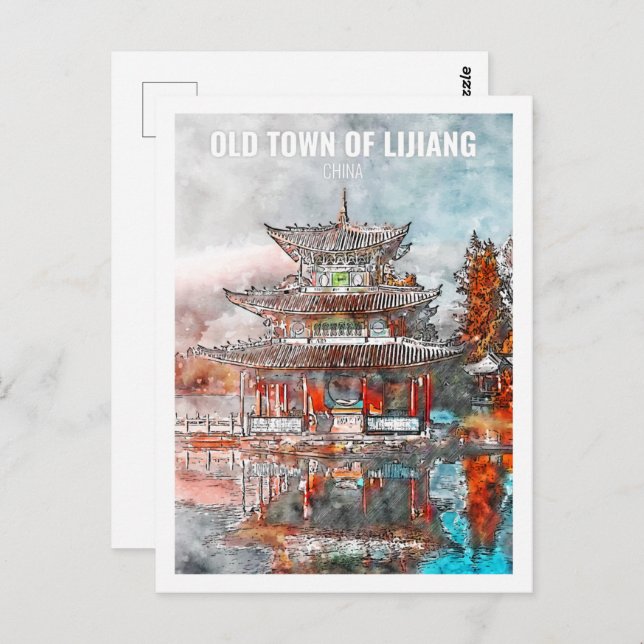 Carte Postale Lijiang Chine célèbre Voyage Aquarelle croquis (Devant / Derrière)
