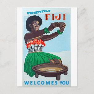 Carte Postale L'île de Fidji, femme autochtone avec l'accueil tr