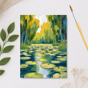 Carte Postale Lily Pad Pond   Nature à l'aquarelle verte