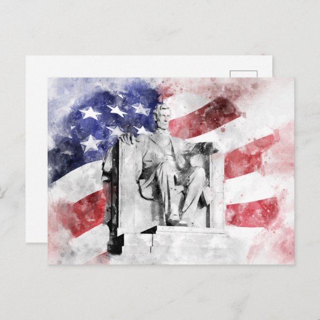 Carte Postale Lincoln Memorial aquarelle avec drapeau américain (Devant / Derrière)