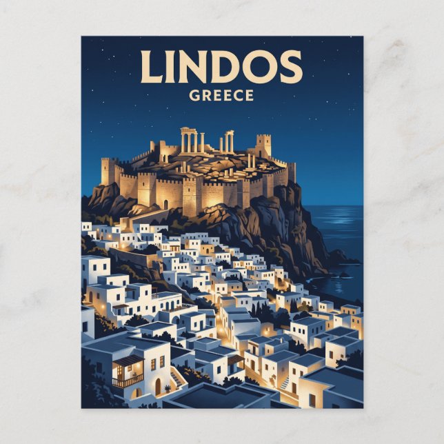 Carte Postale Lindos la nuit Grèce (Devant)