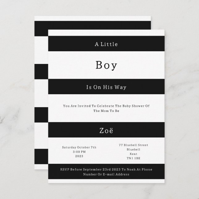 Carte Postale Linear Chic Black And White Stripes Baby Invite Br (Devant / Derrière)
